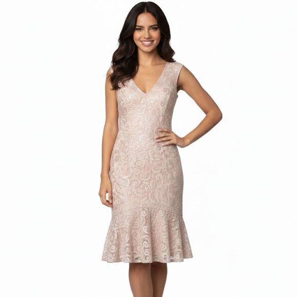 Adrianna Papell Lace Sequin Evening Dress Fit Flare Sleeveless Pink Nude - Picture 1 of 14